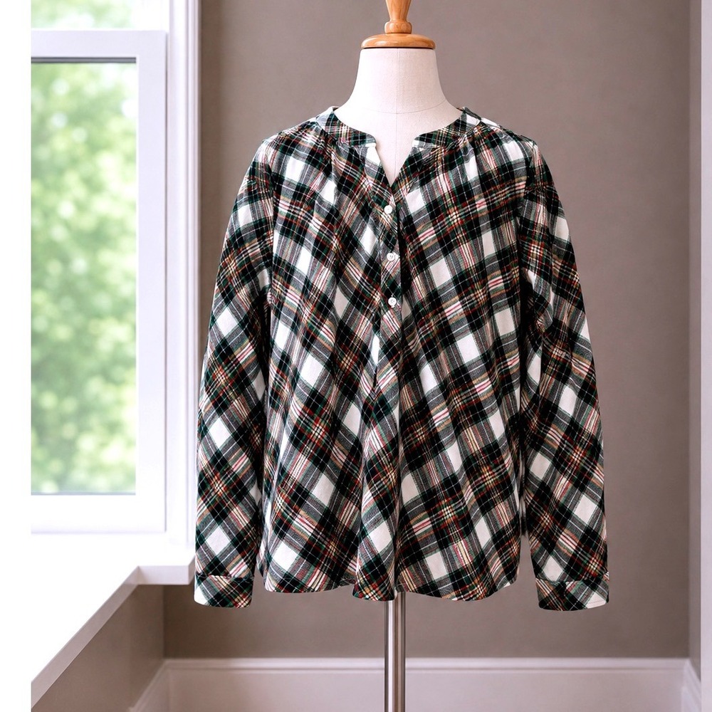 Kim Rogers Curvy Plaid Henley Blouse Green Red White Long Sleeve Top 2X Holiday